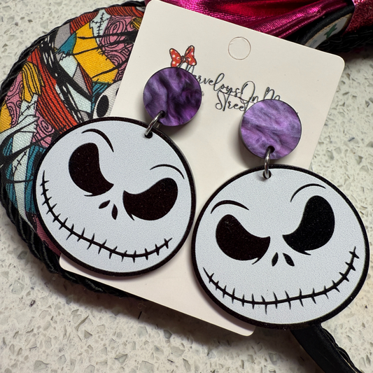 Jack Skellington Earrings - Halloween Nightmare Before Christmas Inspired Lightweight Acrylic Dangle Drop Jewelry - Marble Purple Post